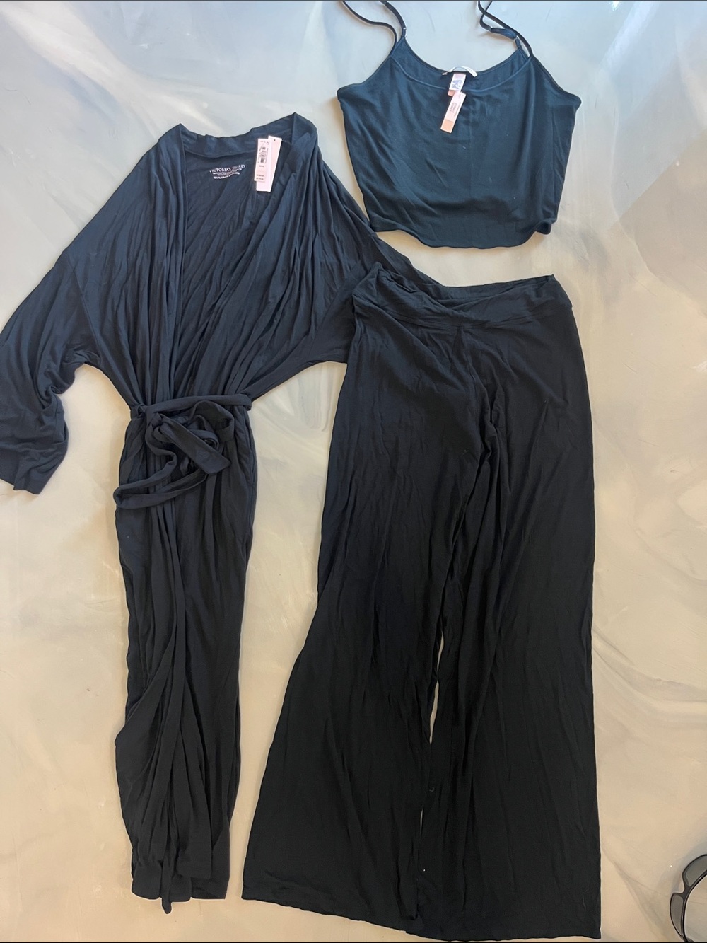 Victoria's Secret Black 3-Piece Sleep Set — Robe, Tank, Wide-Leg Pants- with tag